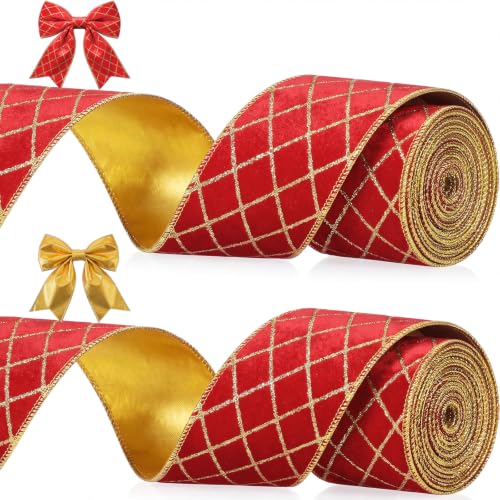 Diamond Grid Velvet Wired Christmas Ribbon - Red Gold Check, 2 Rolls, 2.76" x 10 Yards