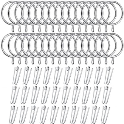 Silver Curtain Rings with 4 Prong Pinch Pleat Hooks - 38mm ID, 30 Sets - Silver & Silver