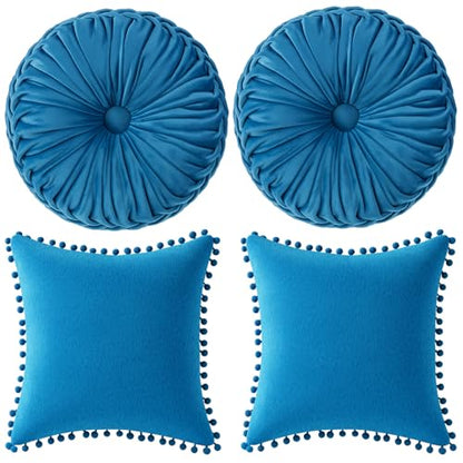 Dusty Blue Pumpkin Pillow Set of 2 - 15" Round Pleated & 18x18" Square Cushion Covers