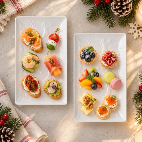 11 Inch Reindeer Ceramic Serving Platters - Set of 2 Christmas Snowflake Dinnerware