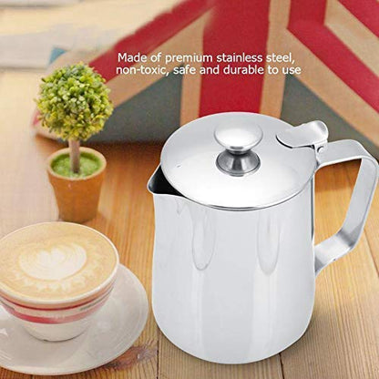 Milk Frother Cup, Stainless Steel Milk Frother Steamer Cup with Lid Coffee Cup Mug for Espresso Coffee Cappuccino Latte Art for Office Kitchen(350mL)