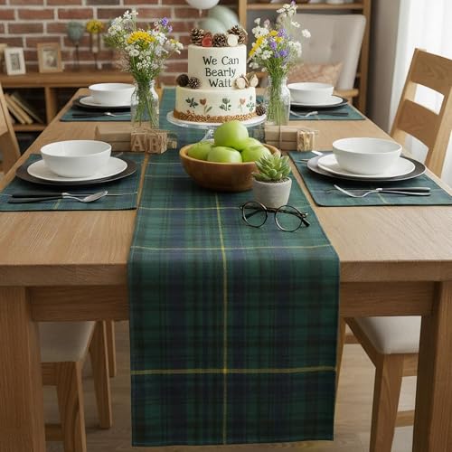 2 Pack Christmas Table Runner - Green and Blue Tartan Linen, 70.87 x 12.99 Inches