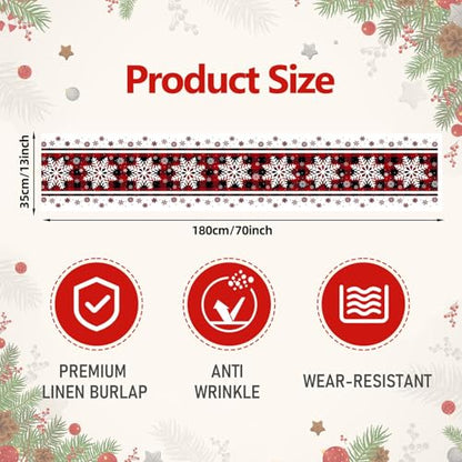 Christmas Table Runner 72x13 Inch Red Black Checkered Snowflake Pattern Holiday Decor