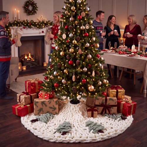 48-Inch Chunky Knit Christmas Tree Skirt Beige with Tree Pattern - Holiday Decor