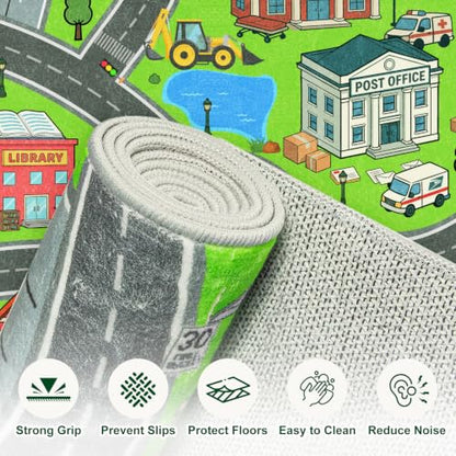 Kids City Road Play Rug 3x5ft Washable Non-Slip Car Play Mat - Green