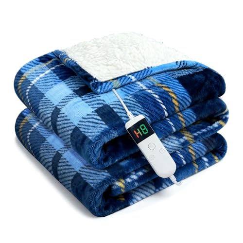 Blue Electric Blanket Heated Throw 50x60 with 8H Auto Off & 10 Heating Levels