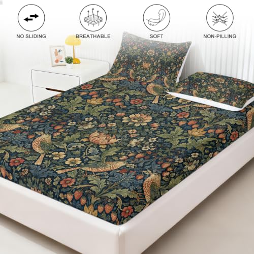 Berry Bird Lotus Pattern Floral Fitted Sheet Set King Size with Elastic Edges