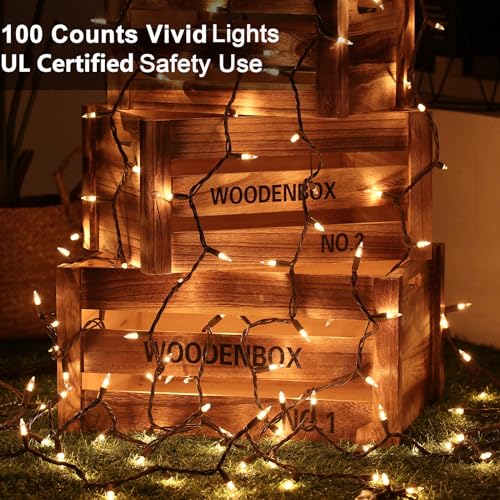 ODEETRONIC Warm White Christmas String Lights - Brown Wire, 21.63 ft, 100 Incandescent Bulbs