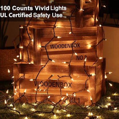 ODEETRONIC Warm White Christmas String Lights - Brown Wire, 21.63 ft, 100 Incandescent Bulbs