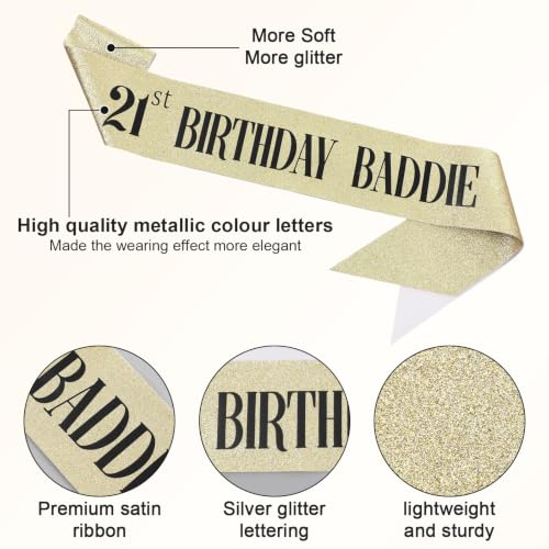 Gold Glitter 21st Birthday Sash - Baddie Party Decoration for Women & Men