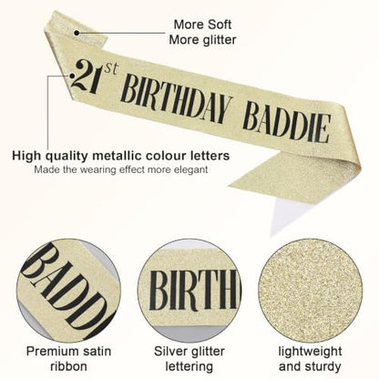 Gold Glitter 21st Birthday Sash - Baddie Party Decoration for Women & Men