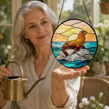 Sea Lion Stained Glass Window Hanging - Coastal Beach Suncatcher, Variation of THIS listing