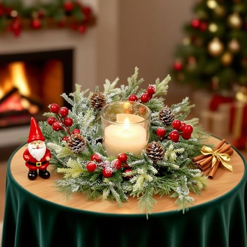 Christmas Candle Rings Wreath Set - 8 Small Artificial Red Berry Pinecones Norfolk Pine Holiday Decor