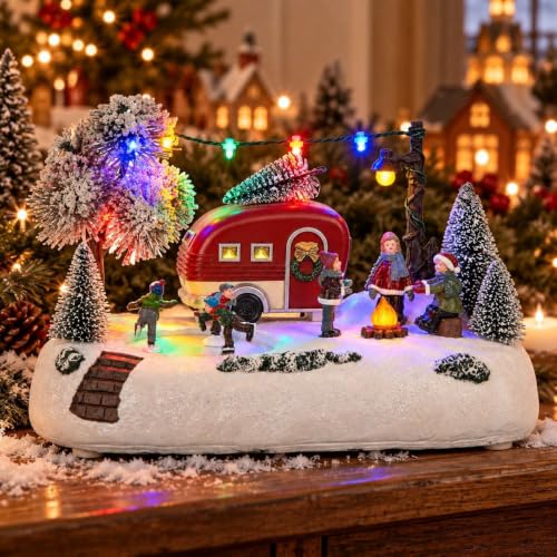 Animated Christmas Camper Village Scene with Skating & Lights - Multicolor