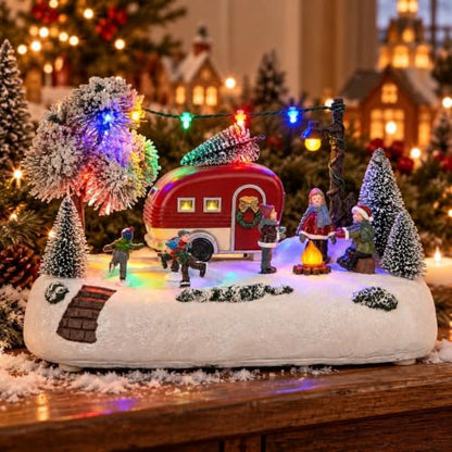 Animated Christmas Camper Village Scene with Skating & Lights - Multicolor