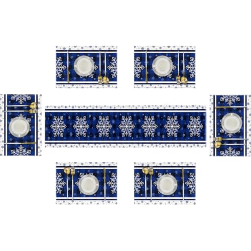 Christmas Blue Snowflake Table Runner and Placemats Set of 6 - Holiday Dining Decor