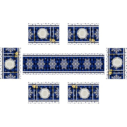 Christmas Blue Snowflake Table Runner and Placemats Set of 6 - Holiday Dining Decor