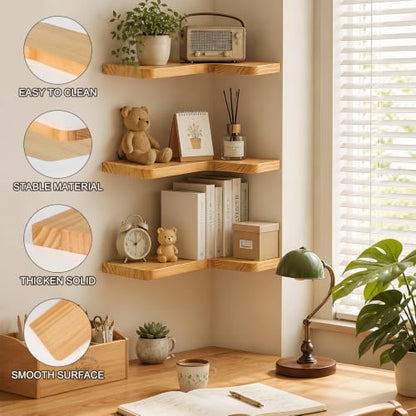 Floating Corner Shelves Solid Pinewood Wall Mounted Shelf - Natural, 3 Pieces