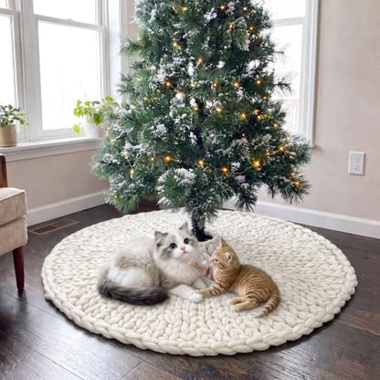 Christmas Tree Skirt Ivory White 48 Inch Chunky Knit Holiday Decor