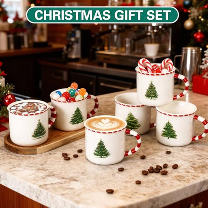 Vesici 6 Pack Christmas Mugs with Candy Cane Handle and Christmas Tree Pattern - 10 oz