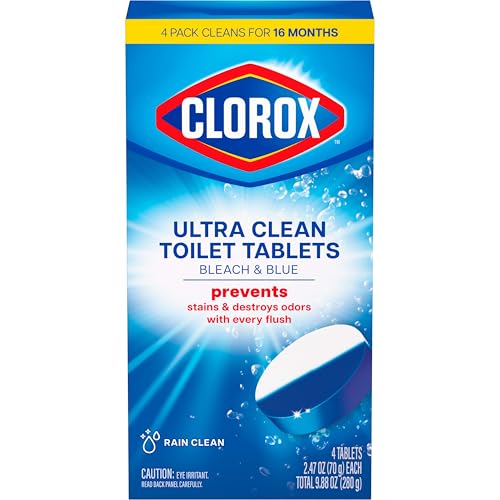 Clorox Ultra Clean Toilet Tablets Bleach & Blue, Rain Clean Scent, 2.47 Ounces Each, 4 Count (Package May Vary)