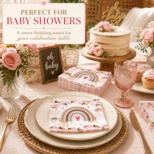 Boho Rainbow Paper Napkins Pink Floral Party Supplies 60 Count