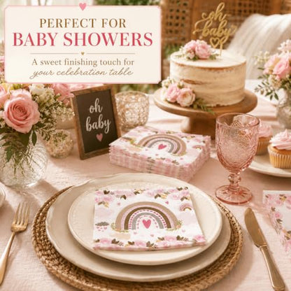 Boho Rainbow Paper Napkins Pink Floral Party Supplies 60 Count