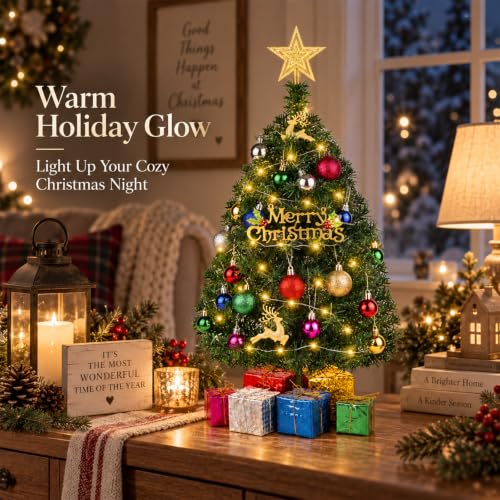 Mini Christmas Tree with Lights - 2 Ft Tabletop Holiday Tree Set of 2, Green