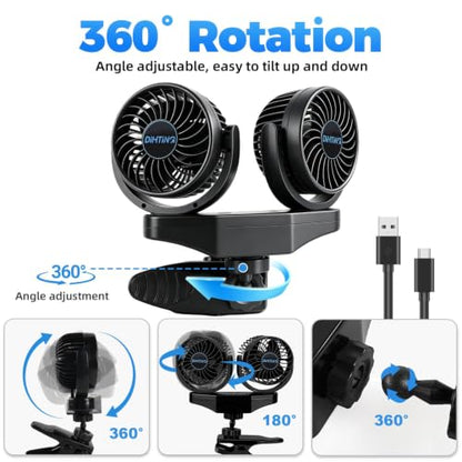 6000mAh USB-C Car Fan Dual-Head Clip-On with Independent Controls