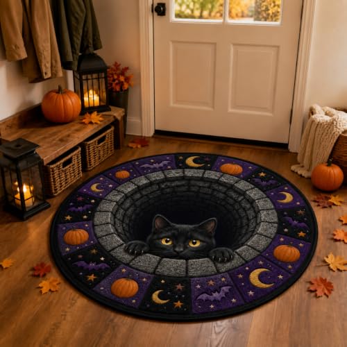 3D Halloween Rug Indoor Black Cat Vortex Optical Illusion, 32 Inch - Variation: Black Cat / 2'8" Round