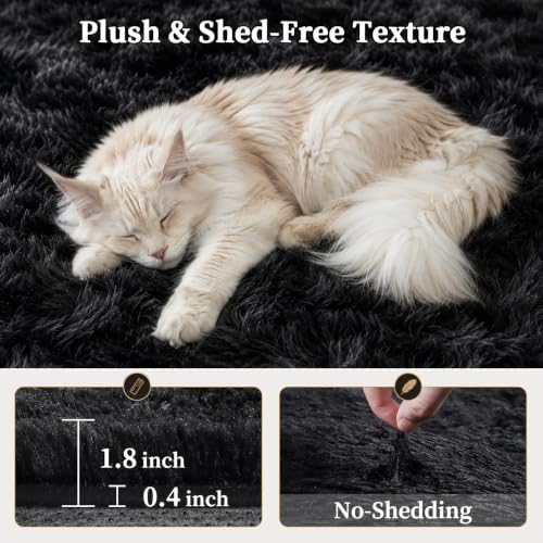 8x10 Black Fluffy Shag Area Rug - Washable, Non-Slip Bedroom Living Room
