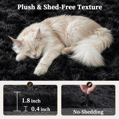 8x10 Black Fluffy Shag Area Rug - Washable, Non-Slip Bedroom Living Room