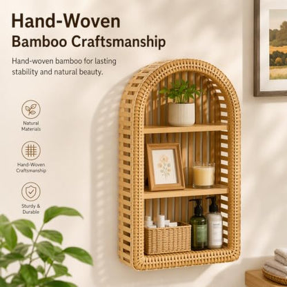 3-Tier Hand-Woven Bamboo Wall Shelf with Arch Frame - Rustic Wall Mount Organizer