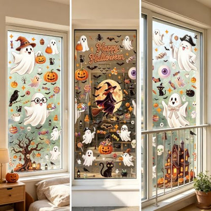 8 Sheets 157 Pcs Halloween Window Clings Decor - Ghost Pumpkin Bat Skull Web Stickers