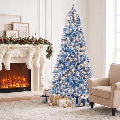 7Ft Snow Flocked Artificial Blue Christmas Tree Pre-Lit with 8 Lighting Styles