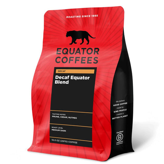 Equator Coffees, Equator Blend Decaf Ground Coffee, Medium Dark Roast, Fresh Roasted, Smooth Chocolate Nutmeg Flavor Notes, Sustainable, Decaffeinated Water Process, 10.5 oz Bag