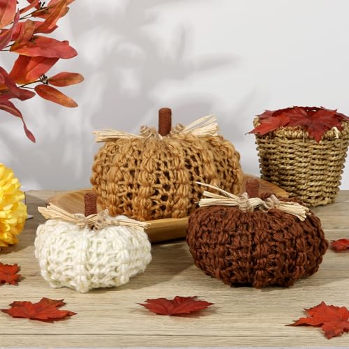 Set of 3 Handmade Knitted Pumpkins - Fall Autumn Decor, Thanksgiving, Christmas