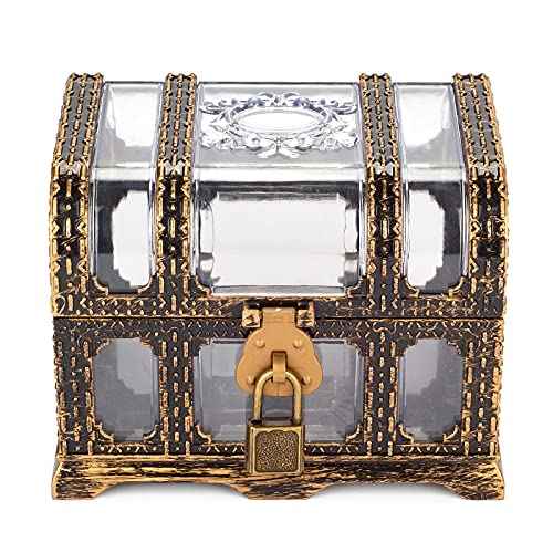 Plastic Transparent Antique Pirate Treasure Box with Lock and Key, Treasure Toy Box Prizes for Kids, Pirate Party Decor