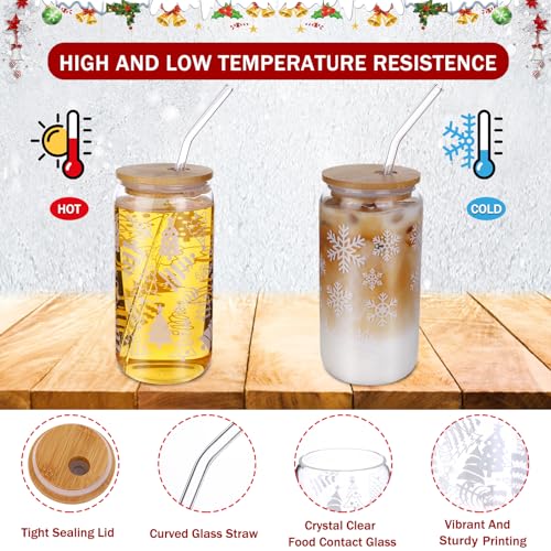 Christmas Glass Cups with Lids and Straws 16oz - Holiday Coffee Mugs Set
