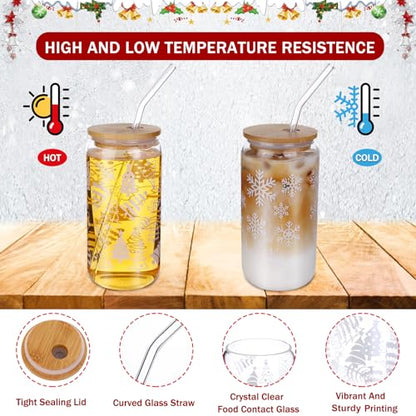 Christmas Glass Cups with Lids and Straws 16oz - Holiday Coffee Mugs Set