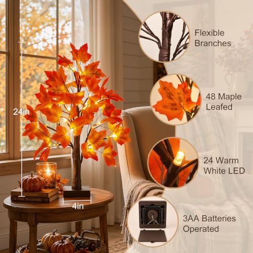 OLANRUN 2 Pack 24-Inch Lighted Fall Maple Trees with 48 LED Warm Lights & Leaves