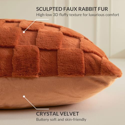 Checkered Faux Rabbit Fur Body Pillow Cover 20x54 Burnt Orange - Plush & Cozy