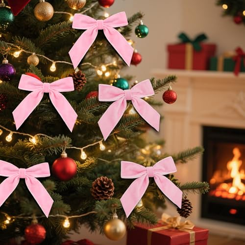Pink Velvet Christmas Tree Bows - Set of 24 Pre-Tied Small Decorations