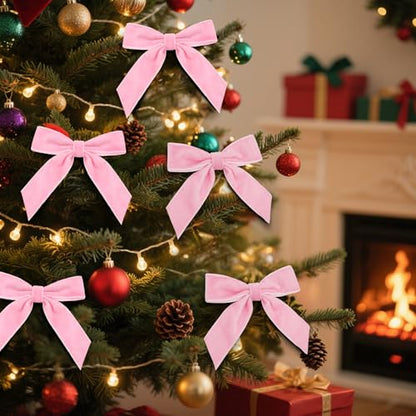 Pink Velvet Christmas Tree Bows - Set of 24 Pre-Tied Small Decorations