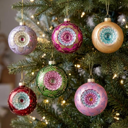 Vintage Glass Christmas Ornaments Set - Red Series, 12 Large 4-Inch Baubles with Glitter Accents