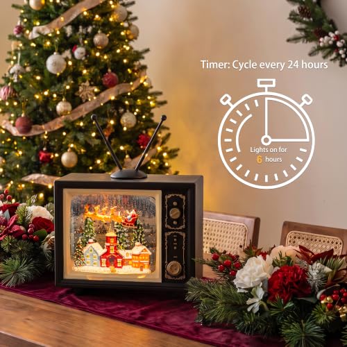 Christmas Snow Globe TV Lantern with Music & Light, 9-Inch Santa & Reindeer Scene