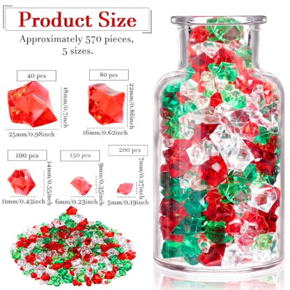 Christmas Acrylic Gems Set - Red, Green & Clear Fake Crystals, 570 pcs