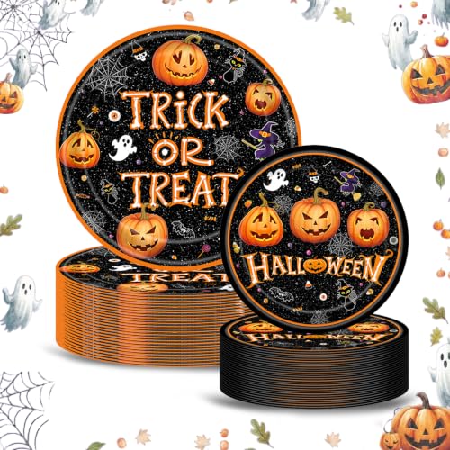 Halloween Trick or Treat Paper Plates Set - 50 Pcs Party Dinnerware with Pumpkin & Ghost Designs