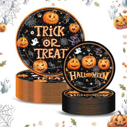 Halloween Trick or Treat Paper Plates Set - 50 Pcs Party Dinnerware with Pumpkin & Ghost Designs