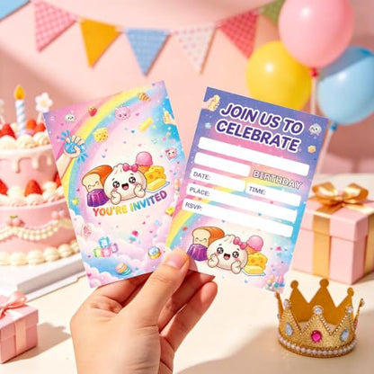Pink 20Pcs Squishy Birthday Invitations with Envelopes - Dumpling & Food Theme